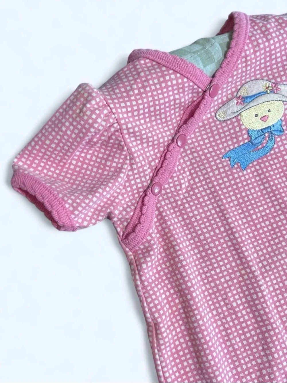 Vintage 90’s  cottagecore healthtex Pink Gingham Romper bear with Hat Appliqué.